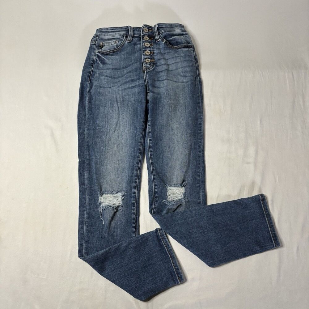 KanCan Blue Distressed Button Fly Jeans Size 5/26 Ripped Knee Skinny Jeans